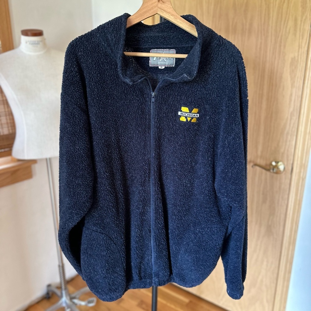 Michigan Football Sherpa Apparel Navy Blue Zip Up Teddy Terry Cloth Jacket XL C1